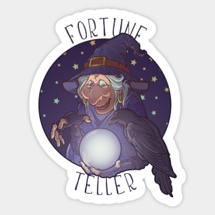 Old witch with her black raven holding a crystal ball and foretelling the future. Funny cartoon style character Sticker